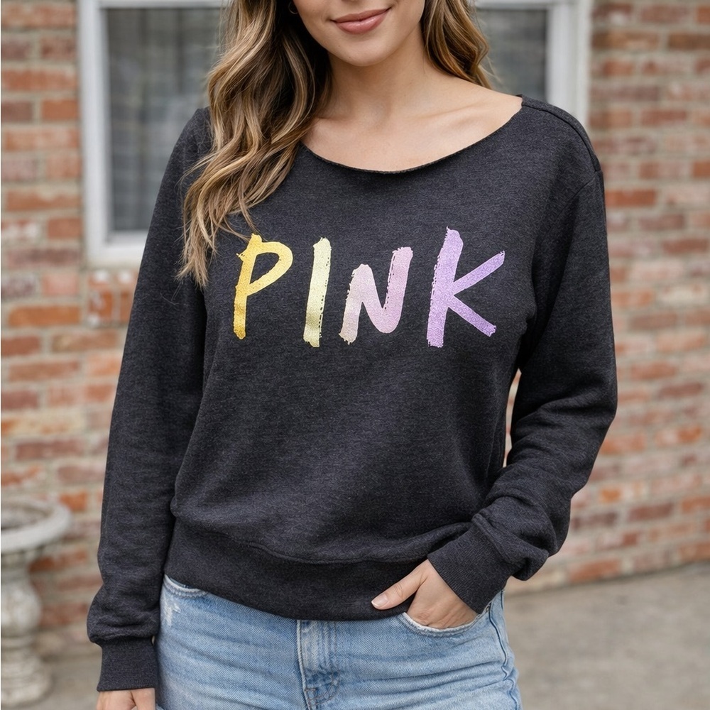 Victoria's Secret Black Sweatshirt with Yellow and Purple PINK Graphic